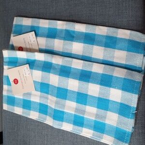 Buffalo Plaid Check Woven Aqua Blue White Cotton Kitchen Dish Towel Set Two NWT
